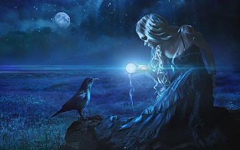 Precious, blue, white, frumusete, bird, pasare, girl, hand, raven, moon, fantasy, luna, luminos HD wallpaper