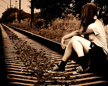 on the edge of a railway track, person, track, holiday, sitting, converse, pebbles, trains, white, edge, girl, train, railway, grass, stones, field, green, metal, nature, flowers HD wallpaper