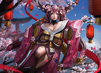 Momo, kimono, frumusete, horns, girl, onmyouji, spring, pink, fantasy, flower, sakura, lantern, luminos, lana kerr HD wallpaper