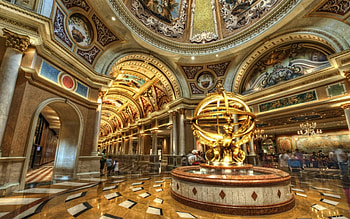 fountain in the lobby of the venetian hotel r, ornate, lobby, fountain, hotel, r, gold, statue HD wallpaper