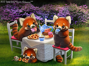 Red Panda Party, fantasy, red panda, party, piper thibodeau, cute, macarrons, trio HD wallpaper