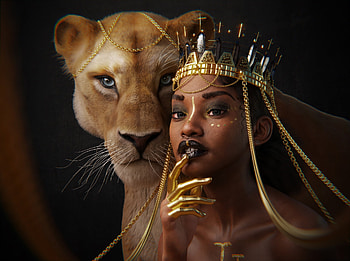 Queen, animal, golden, lionesse, dorgu, funso sylvester, art, girl, lion, hand, dark, jewel, fantasy, face, luminos, princess HD wallpaper