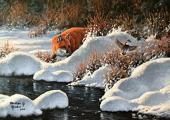 Not today, winter, duck, bird, abraham hunter, art, vulpe, fox, painting, pictura, iarna, pasari, water HD wallpaper