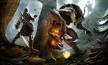 Werewolf, night, animal, sword, knight, tree, halloween, fantasy, light, game, creature, beast, forest HD wallpaper