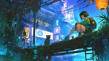Cyberpunk Cat Chill: A Studio Ghibli Inspired, Anime, anime cat, cyberpunk, Studio Ghibli HD wallpaper