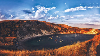 England, West Lulworth, Jurassic Coast, Purbeck District, Lulworth Cove, hills, boats, landscape, clouds, autumn, sky, lake HD wallpaper