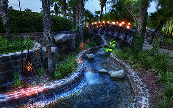 Nature, Night, Shine, Light, Bridge, Lamp, Garden, Creek, Brook, Lamps HD wallpaper