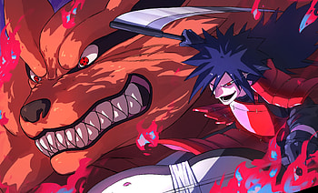 Kurama and Madara, Kurama (Naruto), Madara Uchiha, Anime, Naruto, Sharingan (Naruto) HD wallpaper