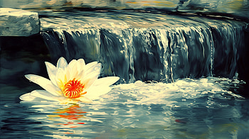 Serene Waterfall and Lotus Flower, waterfall, flower, water lily, nature HD wallpaper
