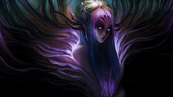 Forest demon, exellero, black, horns, art, girl, demon, woman, purple, fantasy, luminos, forest HD wallpaper