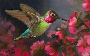 Hummingbird, humming-bird, bird, art, pasare, pink, painting, pictura, flower, green, luminos HD wallpaper
