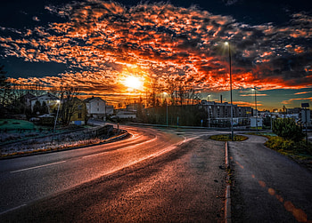 Splendor, lanterns, r, houses, sunrise, clouds, road, nature, sky, sun, sunset HD wallpaper