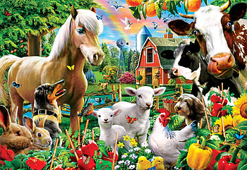 Garden Gathering, sheep, flowers, hen, dog, cow, chicken, barn, horse, artwork, digital, rabbit HD wallpaper