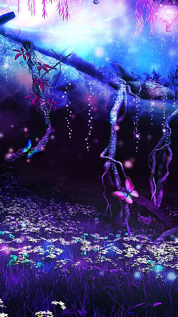 Purple Fantasy Forest, butterfly, flower, artistic, forest HD phone wallpaper