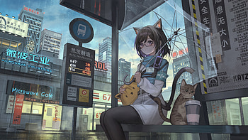 Anime Girl With Umbrella Alongside With Cat, artist, artwork, art, digital-art, anime-girl, pixiv HD wallpaper