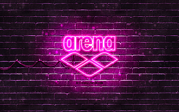 Arena purple logo, , purple brickwall, Arena logo, brands, Arena neon logo, Arena HD wallpaper
