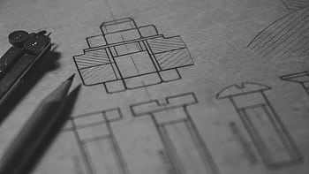 Detailed technical blueprint with pencil and compass illustrating engineering design concepts. HD wallpaper