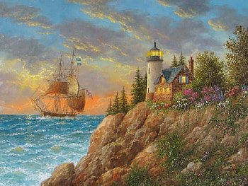 A Beacon to the Sea, boat, lighthouse, light, clouds, trees, cliff, water, rocks HD wallpaper