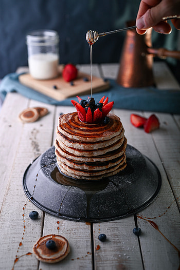 Food, Desert, Berries, Sweet, Pancakes, Honey HD phone wallpaper
