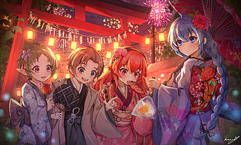 Mushoku Tensei : Roxy, Eris, Rudeus & Sylphiette Celebrate in Vibrant Kimono Night, Roxy Migurdia, Eris Boreas Greyrat, Rudeus Greyrat, Sylphiette (Mushoku Tensei: Jobless Reincarnation), Anime, Mushoku Tensei: Jobless Reincarnation HD wallpaper
