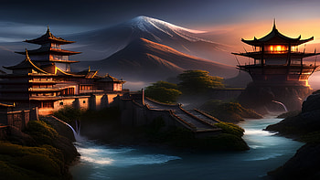 Mountain Villiage, sunrise, artistic, oriental HD wallpaper
