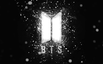 BTS white logo, , white neon lights, creative, black abstract background, Bangtan Boys, BTS logo, music stars, BTS, Bangtan Boys logo HD wallpaper
