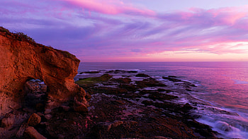 Cove off the California Coast, sunset, sea, colors, clouds, sky, rocks, usa HD wallpaper