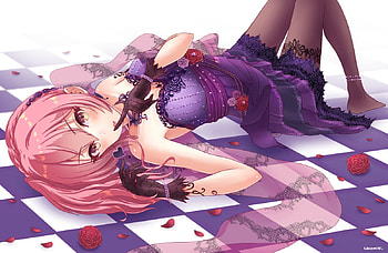 Glorious ★ Glow, floor, long hair, dress, beauty, rose, lady, petals, flower, maiden, laying, female, blossom, sexy, gorgeous, hot, girl, beautiful, pink hair, purple, anime girl, elegant, anime, red, red rose, gown HD wallpaper