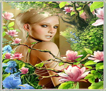 Beauty in the blooms, blue, pink, blond, green, flowers, spring, woman, beauty HD wallpaper