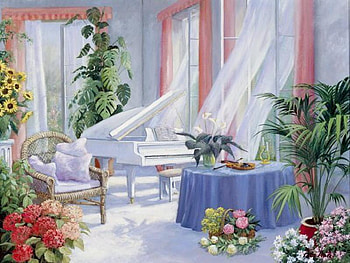 Afternoon Breeze, chair, curtains, table, plants, windows, living room, stool, violin, piano, flowers, cloth, pillows, pots HD wallpaper