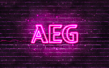 AEG purple logo, , purple brickwall, AEG logo, brands, AEG neon logo, AEG HD wallpaper