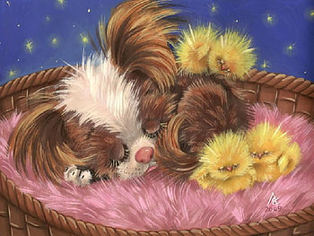 Puppy Love, fur, basket, puppy, painting, chicks, stars, sleeping HD wallpaper