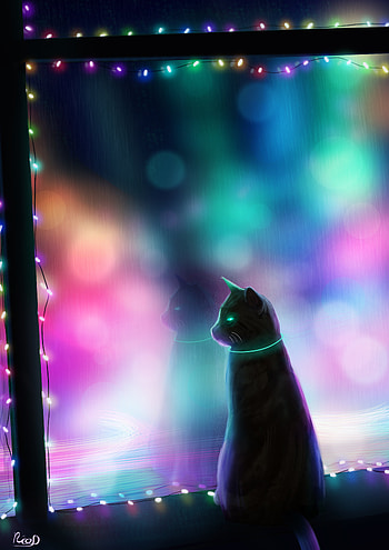 Art, Multicolored, Motley, Cat, Window, Garland HD phone wallpaper