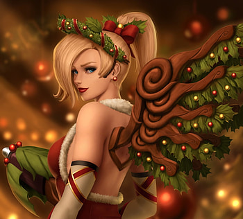 Mercy, wings, craciun, iury padilha, girl, fantasy, red, christmas, green HD wallpaper