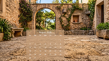 August 2026 - Calendar: Sunlit Stone Courtyard, August 2026 Calendar HD wallpaper