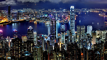 hong kong, city, night, lights, skyscrapers, water HD wallpaper