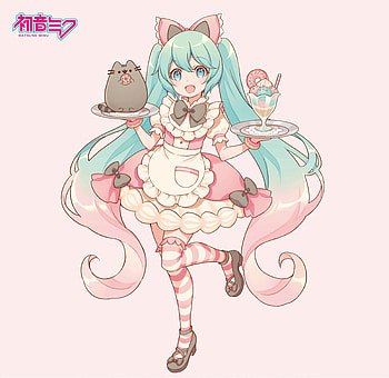 Hatsune Miku & Pusheen, pink, blue, kawaii, sweet, cute HD wallpaper
