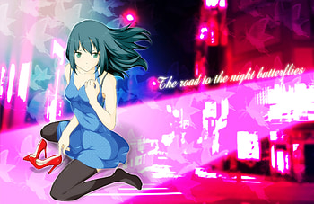 the road to the night butterflies, cute, high heel, dress, abstract, butterfly, wing, magical, bright, short hair, female, heel, sexy, wings, magic, neon light, hot, blue hair, girl, anime girl, pink, neon, anime, fantasy, green eye HD wallpaper