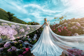 Bride, summer, asian, flower, garden, girl, dress, vara, model HD wallpaper