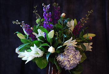 Flowers, Lilies, Registration, Typography, Bouquet, Composition, Hydrangea, Dolphinium, Delphinium HD wallpaper