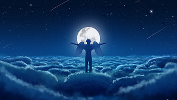 Angel, blue, white, fantasy, moon, luna, luminos, rico de zoysa, cloud HD wallpaper