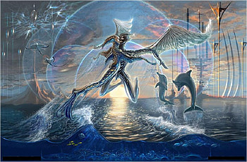 the future, abstract, sunrays, fantasy, dolphins, water HD wallpaper