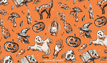 Pattern, halloween, ghost, pumpkin, texture, vexels, cat, orange, pisici HD wallpaper