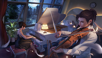:), ckart, instrument, art, piano, man, girl, ck, violin, fantasy HD wallpaper