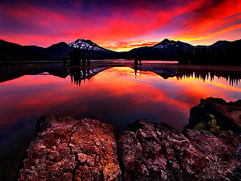 Beautiful reflections, beautiful, orange, reflections, mountain, mirrored, clouds, nature, sky, sunset HD wallpaper