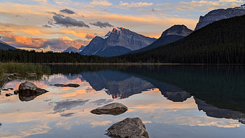 Banff Canada Reflection Rocks Mountains, banff, canada, rocks, mountains, lake, river, tree, trees, sky, nature HD wallpaper