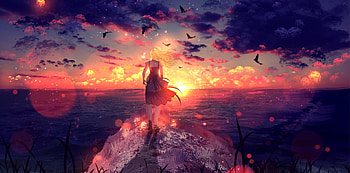 True the wind, bird, art, girl, wind, fantasy, ryky, sky, luminos, sunset, cloud HD wallpaper