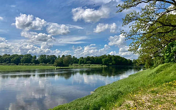 River Lielupe in Latvia, river, reflection, clouds, Latvia, grass HD wallpaper