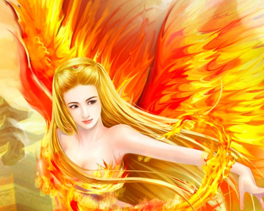 Phoenix, gold, fantasy, art, woman HD wallpaper