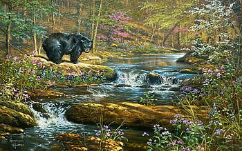 Spring Venture, artwork, river, painting, bear, trees, spring, forest, stones, blossoms HD wallpaper
